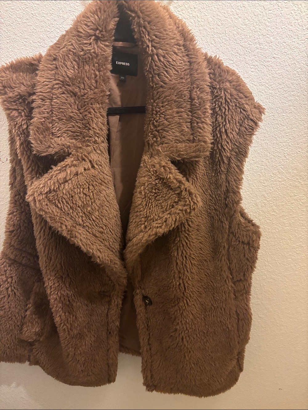 Express Teddy Faux-Fur Vest in Camel Brown